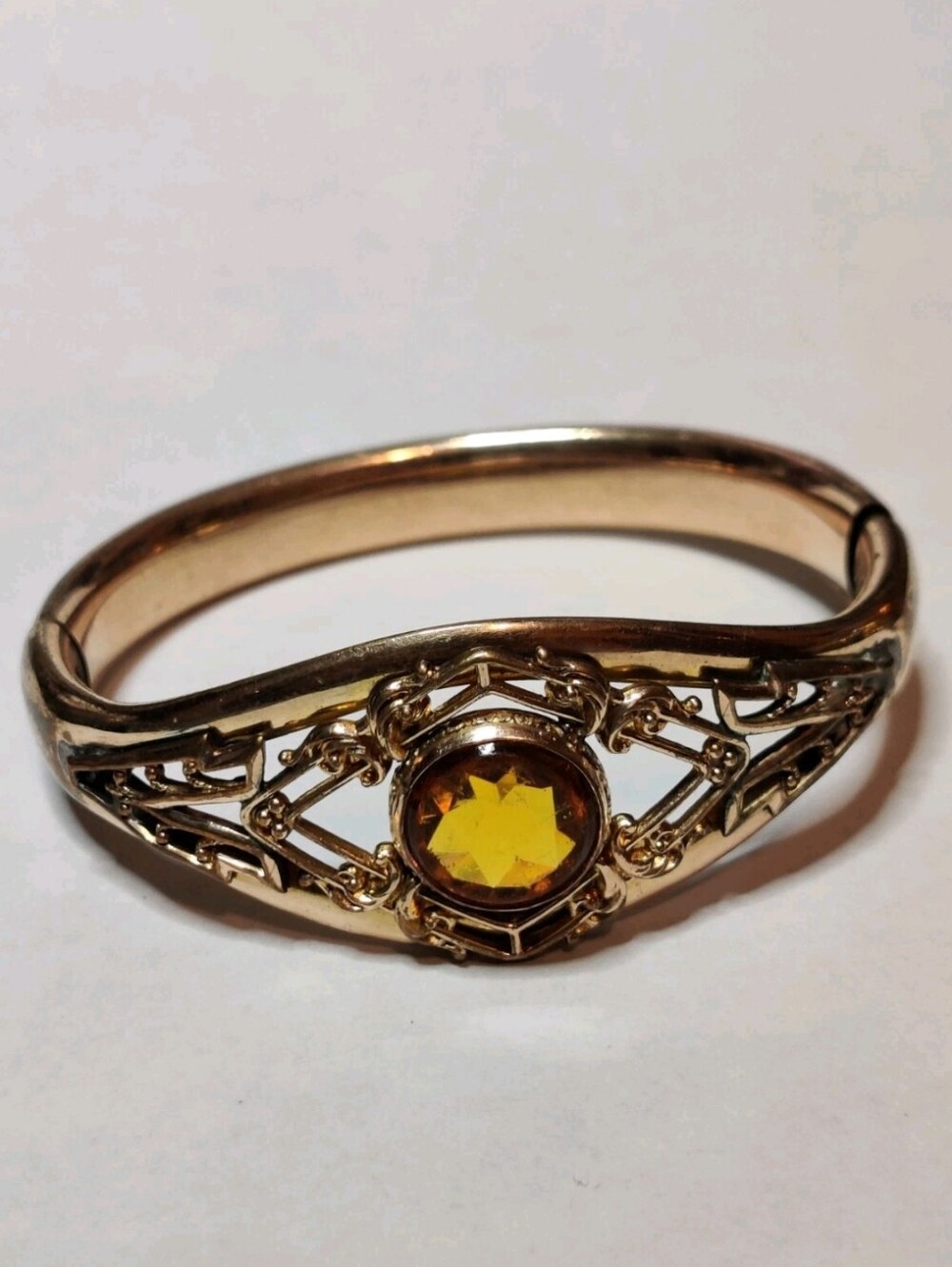 Victorian 12K Gold Filled Hinged Cuff Bracelet With Citrine Glass